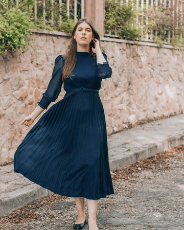 Pierre Solid Pleated Long Dress - Navy Blue